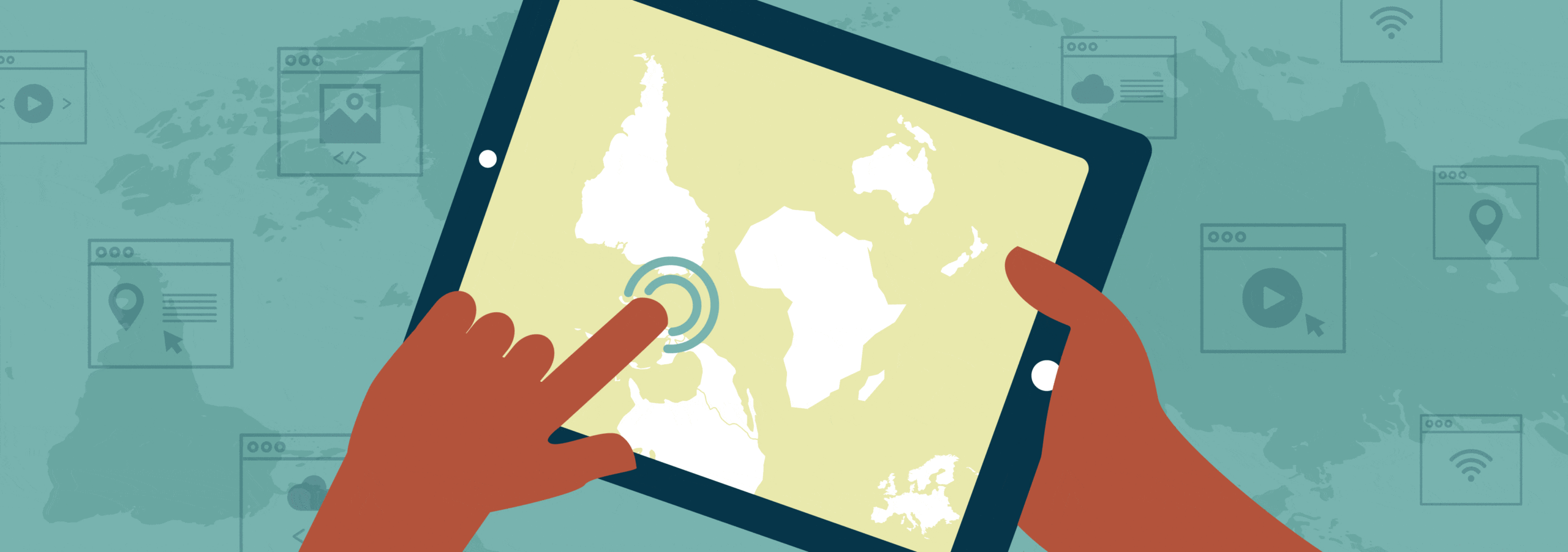 Illustration of hands touching a tablet with a non-Eurocentric map onscreen