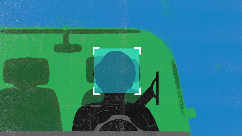Illustration of a figure in a car having their face scanned