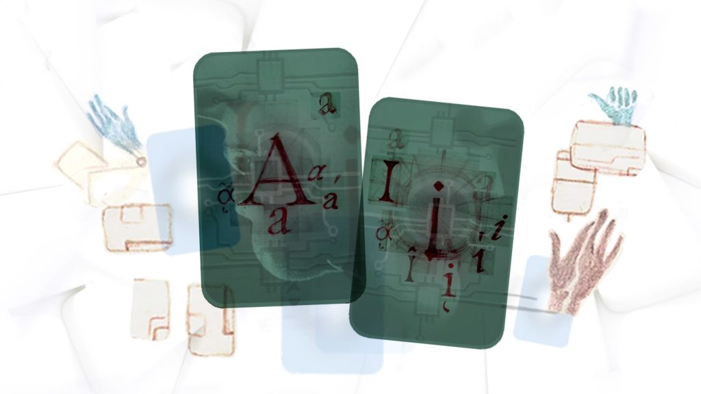 Two cards spelling AI with letters govering around them and illustrations of hands in the background