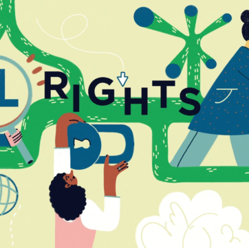 Illustration of characters around the text "Digital Rights"